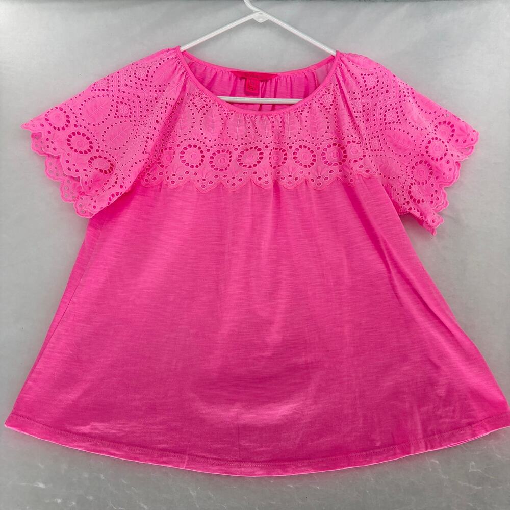 Lilly Pulitzer Hot Pink Eyelet Flutter Sleeve Top Size M Cotton Boho Chic